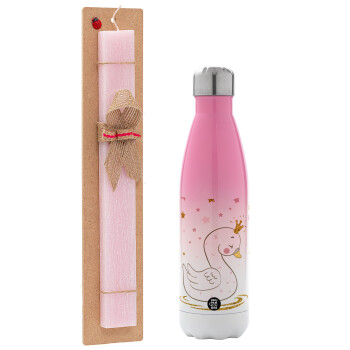 Crowned swan, Easter Set, Metallic pink/white (Stainless steel) thermos, double-walled, 500ml & aromatic flat Easter candle (30cm) (PINK)