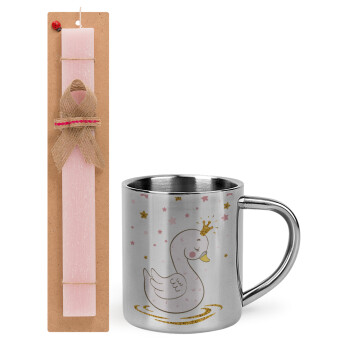 Crowned swan, Easter Set, metallic thermal cup (300ml) & aromatic flat Easter candle (30cm) (PINK)