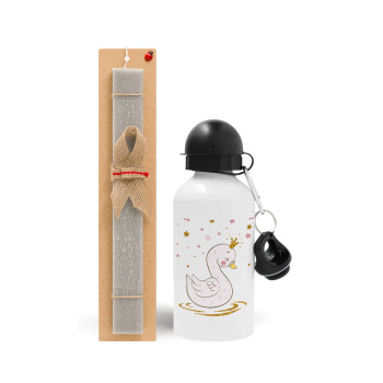 Crowned swan, Easter Set, metallic aluminum water bottle (500ml) & aromatic flat Easter candle (30cm) (GRAY)