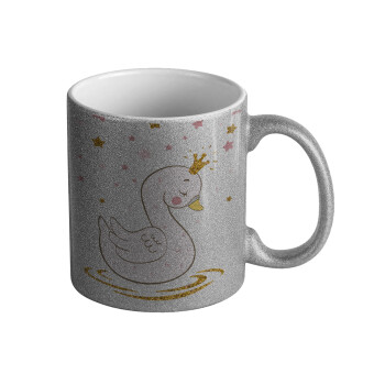 Crowned swan, Κούπα Ασημένια Glitter που γυαλίζει, κεραμική, 330ml