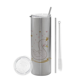 Crowned swan, Eco friendly stainless steel Silver tumbler 600ml, with metal straw & cleaning brush
