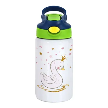 Crowned swan, Children's hot water bottle, stainless steel, with safety straw, green, blue (350ml)