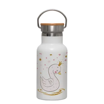 Crowned swan, Metallic thermos (Stainless steel) White with wooden lid (bamboo), double-walled, 350ml