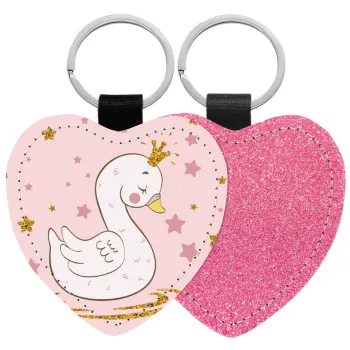 Crowned swan, Μπρελόκ PU δερμάτινο glitter καρδιά ΡΟΖ