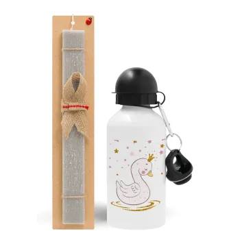 Crowned swan, Easter Set, metallic aluminum water bottle (500ml) & aromatic flat Easter candle (30cm) (GRAY)