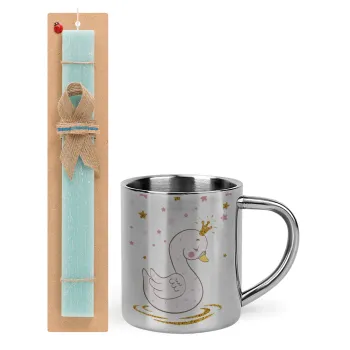 Crowned swan, Easter Set, metallic thermal cup (300ml) & aromatic flat Easter candle (30cm) (TURQUOISE)