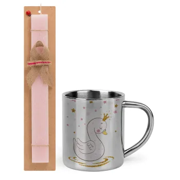 Crowned swan, Easter Set, metallic thermal cup (300ml) & aromatic flat Easter candle (30cm) (PINK)