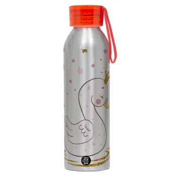 Κύκνος με στέμα, Αλουμινένιο Αθλητικό Μπουκάλι 650ml – Ασημί με Κόκκινο Καπάκι και Λουράκι Σιλικόνης