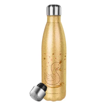 Crowned swan, Glitter gold stainless steel thermos bottle, double-walled, 500ml