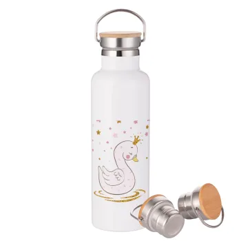 Crowned swan, Stainless steel White with wooden lid (bamboo), double wall, 750ml