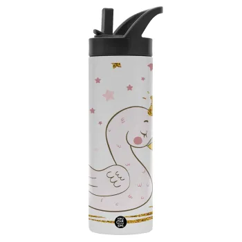 Crowned swan, Metallic thermos bottle with straw & handle, stainless steel (Stainless steel 304), double-walled, 600ml.