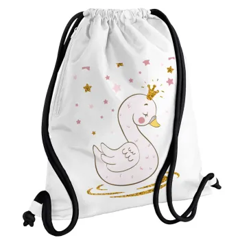 Crowned swan, Backpack pouch GYMBAG white, with pocket (40x48cm) & thick cords