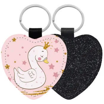 Crowned swan, Μπρελόκ PU δερμάτινο glitter καρδιά ΜΑΥΡΟ
