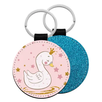 Crowned swan, Μπρελόκ Δερματίνη, στρογγυλό ΜΠΛΕ (5cm)