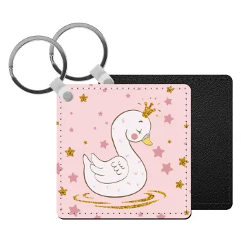 Crowned swan, Μπρελόκ Δερματίνη, τετράγωνο ΜΑΥΡΟ (5x5cm)