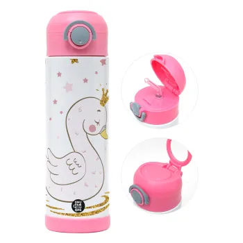 Crowned swan, Children's hot water bottle, stainless steel, with safety straw, PINK (500ml)