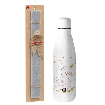Crowned swan, Easter Set, metallic stainless thermos bottle (500ml) & scented flat Easter candle (30cm) (GRAY)