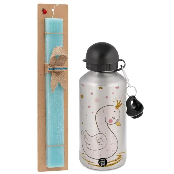 Crowned swan, Easter Set, metallic silver aluminum water bottle (500ml) & scented flat Easter candle (30cm) (TURQUOISE)