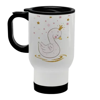 Κύκνος με στέμα, Κούπα ταξιδιού ανοξείδωτη με καπάκι, διπλού τοιχώματος (θερμό) λευκή 450ml