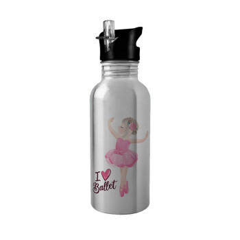 I Love Ballet, Water bottle Silver with straw, stainless steel 600ml