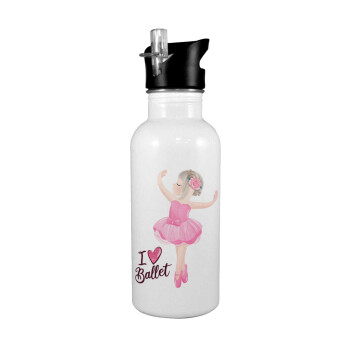 I Love Ballet, White water bottle with straw, stainless steel 600ml