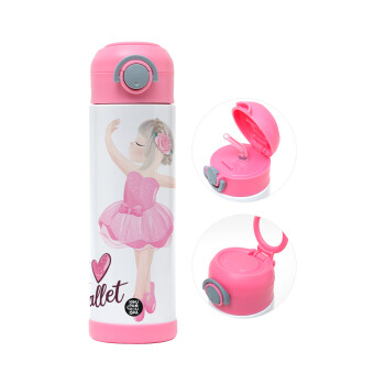 I Love Ballet, Παιδικό παγούρι θερμό, ανοξείδωτο, με καλαμάκι ασφαλείας, ΡΟΖ (500ml)