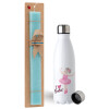 Easter Set, metallic stainless steel water bottle (750ml) & aromatic flat Easter candle (30cm) (TURQUOISE)