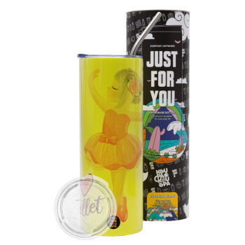 I Love Ballet, Neon Yellow Travel Tumbler, with metal straw (Stainless steel 304 Food grade, BPA free, 600ml)