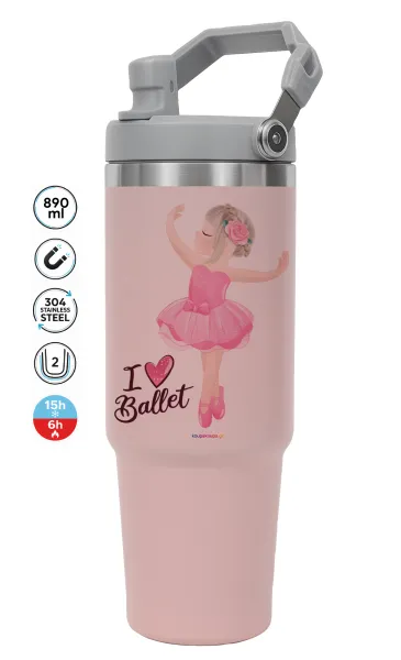 I Love Ballet — ΡΟΖ Travel Tumbler Θερμός με χερούλι και καλαμάκι 890ml