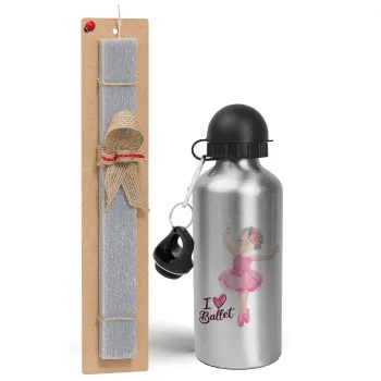 I Love Ballet, Πασχαλινή Λαμπάδα με παγούρι μεταλλικό Ασημένιο αλουμινίου (500ml) & κερί αρωματικό πλακέ (30cm) (ΓΚΡΙ)