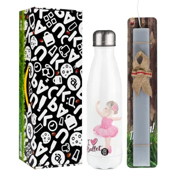 I Love Ballet, Easter candle, metallic white thermos bottle (500ml) & aromatic flat candle (30cm) (GRAY)