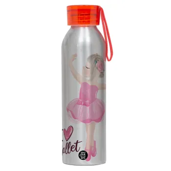 I Love Ballet, Αλουμινένιο Αθλητικό Μπουκάλι 650ml – Ασημί με Κόκκινο Καπάκι και Λουράκι Σιλικόνης