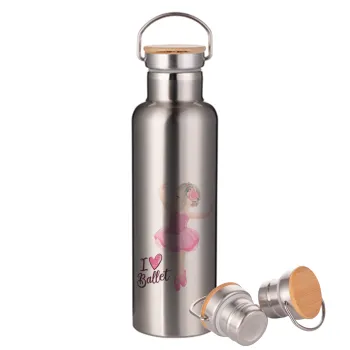 I Love Ballet, Μεταλλικό παγούρι θερμός (Stainless steel) Ασημένιο με ξύλινο καπακι (bamboo), διπλού τοιχώματος, 750ml