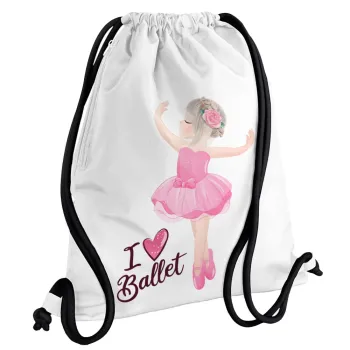 I Love Ballet, Τσάντα πλάτης πουγκί GYMBAG λευκή, με τσέπη (40x48cm) & χονδρά κορδόνια