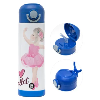 I Love Ballet, Παιδικό παγούρι θερμό, ανοξείδωτο, με καλαμάκι ασφαλείας, ΜΠΛΕ (500ml)