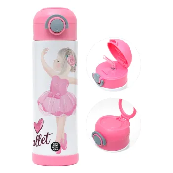 I Love Ballet, Παιδικό παγούρι θερμό, ανοξείδωτο, με καλαμάκι ασφαλείας, ΡΟΖ (500ml)