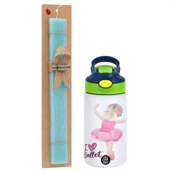 I Love Ballet, Easter Set, Children's thermal stainless steel bottle with safety straw, green/blue (350ml) & aromatic flat Easter candle (30cm) (TURQUOISE)