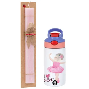 I Love Ballet, Easter Set, Children's thermal stainless steel water bottle with safety straw, pink/purple (350ml) & Easter scented flat candle (30cm) (PINK)