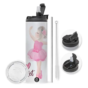 I Love Ballet, Travel Tumbler θερμό με διπλό καπάκι, μεταλλικό καλαμάκι και βούρτσα καθαρισμού (Ανωξείδωτο 304 Food grade, BPA free, 600ml)