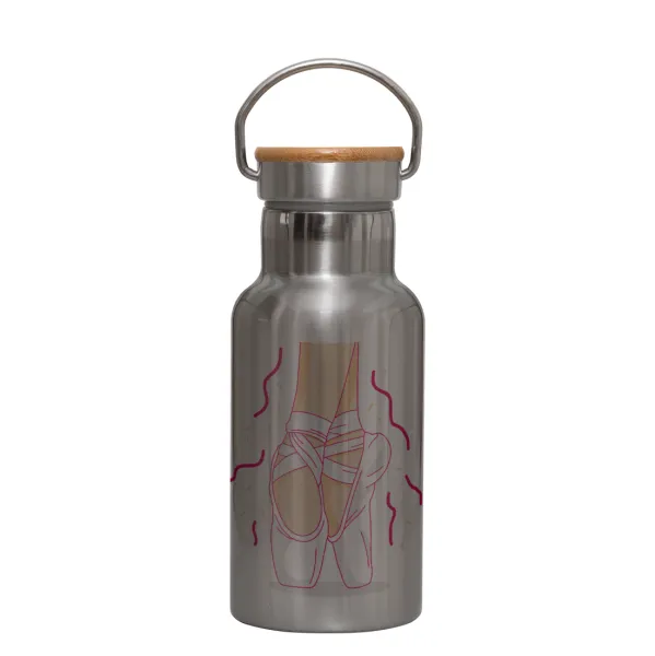 Πουεντ — Stainless steel metallic thermos flask, silver with a bamboo lid, double-walled, 350ml.