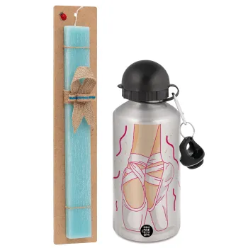 Πουεντ, Easter Set, metallic silver aluminum water bottle (500ml) & scented flat Easter candle (30cm) (TURQUOISE)
