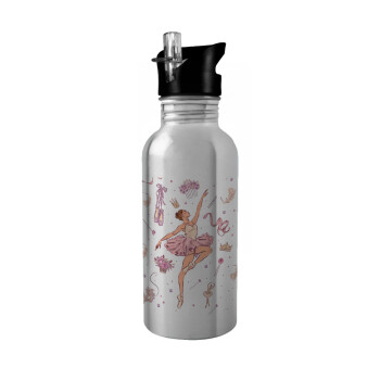 Ballet Dancer, Water bottle Silver with straw, stainless steel 600ml