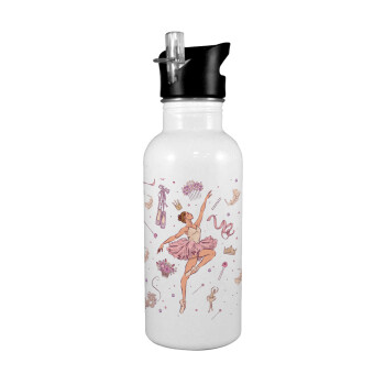 Ballet Dancer, White water bottle with straw, stainless steel 600ml