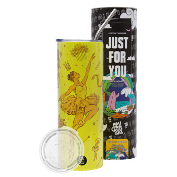 Ballet Dancer, Neon Yellow Travel Tumbler, with metal straw (Stainless steel 304 Food grade, BPA free, 600ml)
