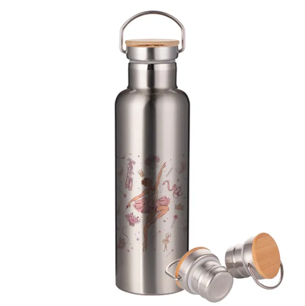 Ballet Dancer — Stainless steel Silver with wooden lid (bamboo), double wall, 750ml