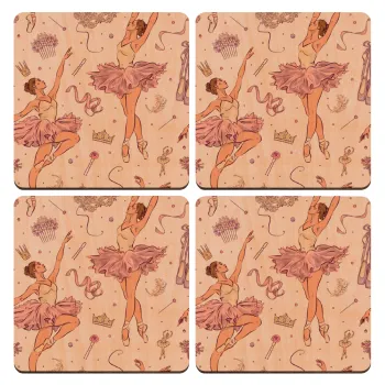 Ballet Dancer, ΣΕΤ x4 Σουβέρ ξύλινα τετράγωνα plywood (9cm)