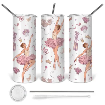 Μπαλαρίνα, Tumbler ποτήρι θερμό από ανοξείδωτο ατσάλι 600ml, με μεταλλικό καλαμάκι & βούρτσα καθαρισμού