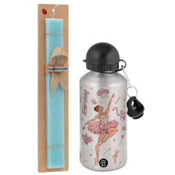 Ballet Dancer, Easter Set, metallic silver aluminum water bottle (500ml) & scented flat Easter candle (30cm) (TURQUOISE)