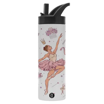 Ballet Dancer, Metallic thermos bottle with straw & handle, stainless steel (Stainless steel 304), double-walled, 600ml.