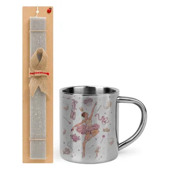 Ballet Dancer, Easter Set, metallic thermal cup (300ml) & Easter aromatic flat candle (30cm) (GRAY)
